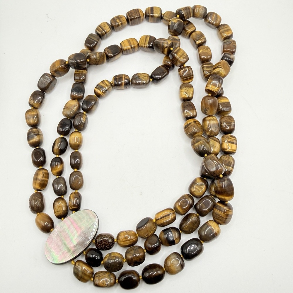 Tiger's Eye Triple Strand Knotted Beaded Choker Necklace & Magnetic MOP Clasp - Picture 3 of 9